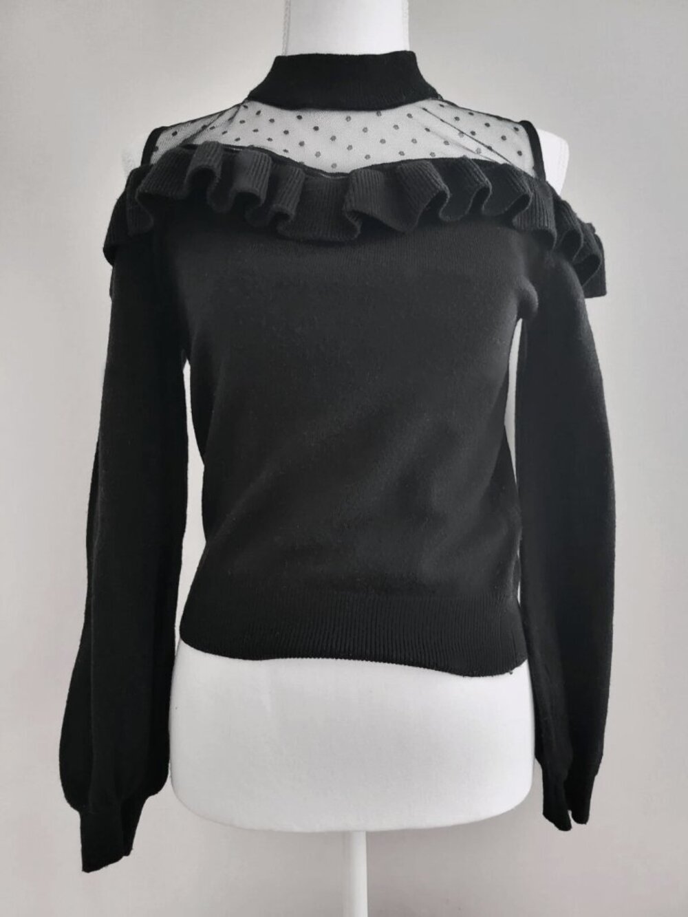 ANK ROUGE Black Semi-Sheer Off Shoulder Ruffled Sweater